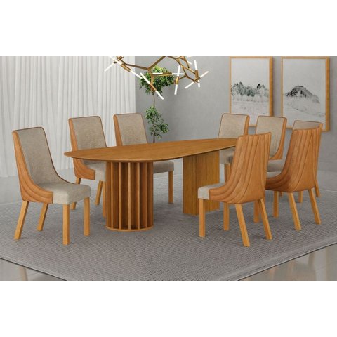 Conjunto Jantar 08 Cadeiras Maciça 2x1 Pilar M - Arbo Design - Cinamomo Linho Palha