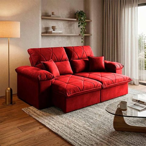 Sofá Retrátil Reclinável Trento 1,50m Suede Velut Vermelho Molas no Assento - King House