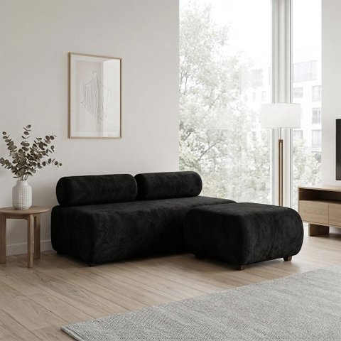 Sofá 3 Lugares e Puff para Sala Orgânico Nara Base Fixa Suede D03 - D'Rossi