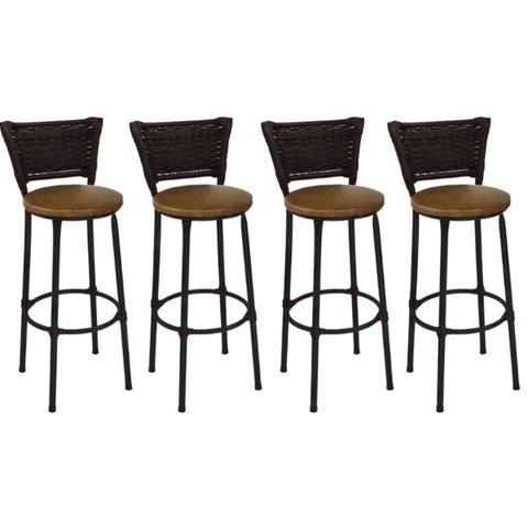 Kit 4 Banquetas Altas Preta com Encosto Junco Argila Assento Marrom