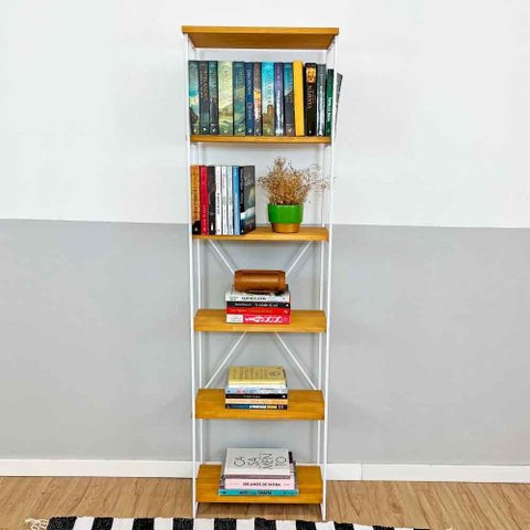 Estante Torre Industrial de Ferro e Madeira Slim 6 Prateleiras Nozes e Branco