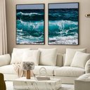 Ver imagem 1 de Kit Quadro Decorativo 2 Telas Oceano Tacolado Moldura Caixa Alta 4,5cm Branca sem Vidro 60 X 90cm