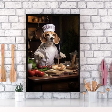 Quadro para Cozinha Cão Raça Beagle 24x18cm - com Vidro:madeira Branca