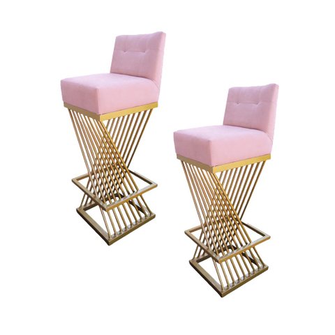 Kit 02 Banquetas Luma Base de Ferro Sued Rosa Bebê - D'classe Decor