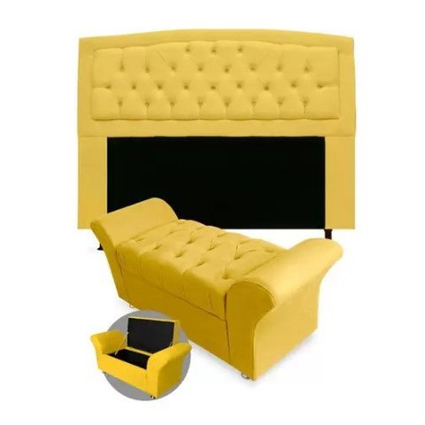 Kit Cabeceira Geovana e Calçadeira Veneza Solteiro 100cm Suede Renascer Decor:Amarelo