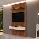 Ver imagem 1 de Painel Ripado para Sala TV 60 pol com Bancada Suspensa 143x240cm Facile D05 Freijó - Lyam Decor