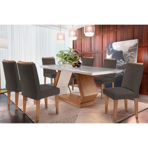 Conjunto: Mesa de Cozinha Alvorada Tampo Madeirado C/ Vidro Canto Reto 180x90cm e 6 Cadeiras Jade