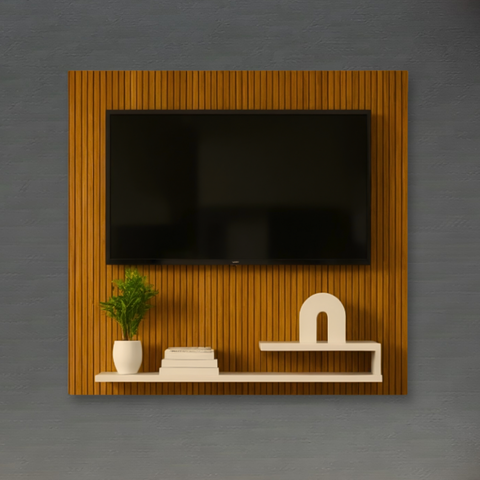 Painel Ripado 3d Off-white com Prateleira Tv 32 Polegadas Estilo Moderno Rack Estante Suspenso Mdf