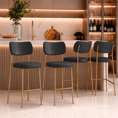 Kit 4 Banquetas Alta Sala de Jantar Lisa Pés Champanhe PU Preto m² - Monari Design