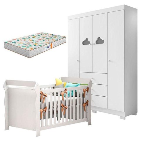 Berço Americano Lara e Guarda Roupa Infantil Ane Branco Brilho com Colchão Gazin – Phoenix Baby