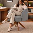 Ver imagem 7 de Kit 2 Poltronas Giratórias Linho Premium Base Madeira Maciça Juliana