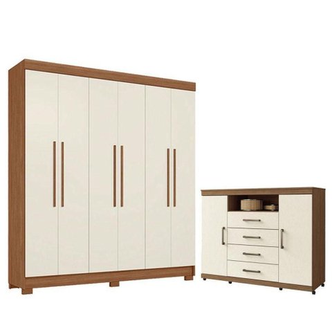 Guarda Roupa Casal Toledo 6 Portas de Bater 2 Gavetas MDP Cômoda Havana Master Jatobá Areia Santos
