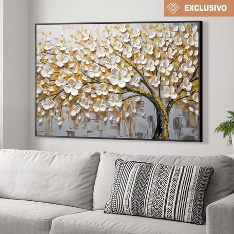 Quadro Decorativo Árvore da Vida White Flower Flor Branca e Amarela Sala Quarto Casa Escritório