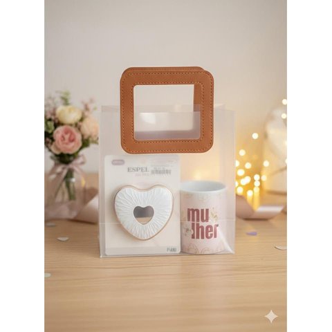 Kit Presente Feminino: Caneca com Foto + Espelho Coração + Bolsa Glow