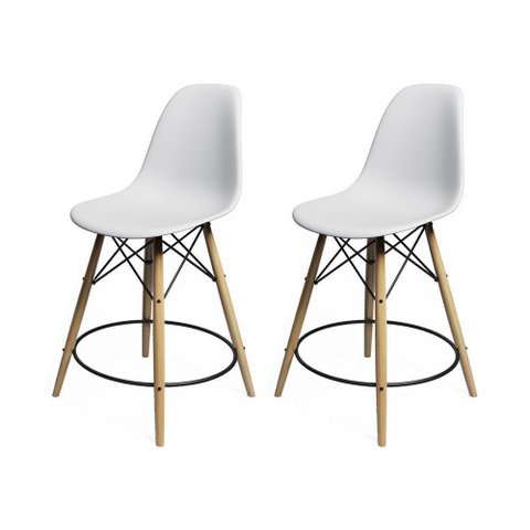 Kit 2 Banquetas Eames Eiffel De Madeira Assento Branco - Cor: Branco