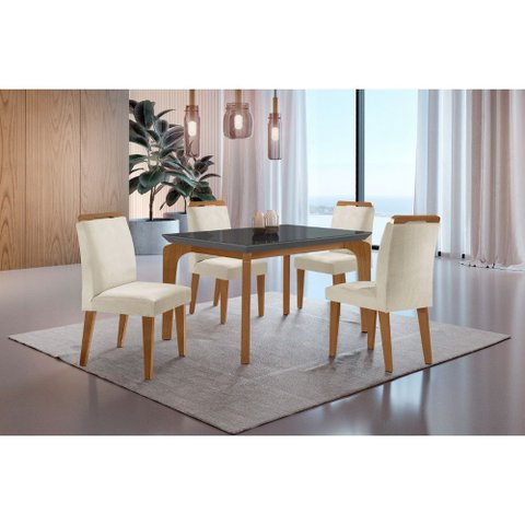 Conjunto Sala de Jantar Mesa Liz 120cm com Vidro Canto Reto e 4 Cadeiras Athenas Moderna