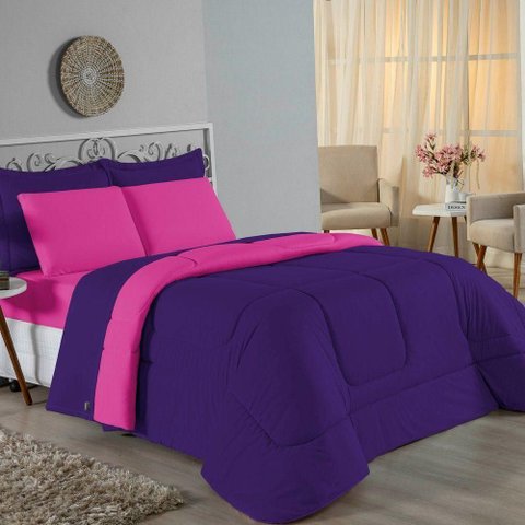 Kit Edredom Dupla Face + Jogo de Lençol Casal Viúva Nobre 7 Peças Malha 100% Algodão - Roxo /