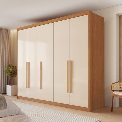 Guarda Roupa Casal Bari 5 Portas 8 Gavetas 100% MDF Bege/Cinamomo/Off White