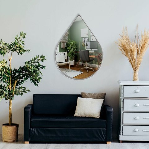 Espelho Retrô Pinterest Orgânico Decorativo Grande 64x44cm Borda em Couro 3cm - Mod. Gota Preto