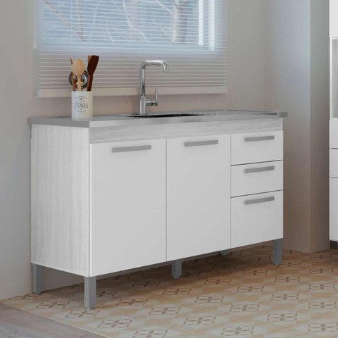 Balcão Cozinha para Pia 120cm 3 Portas 2 Gavetas Branco
