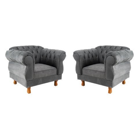 Duas Poltronas Elisabeth Chesterfield Capitone Suede Cinza Decorativa / Sala, Tv, Estar, Recepção