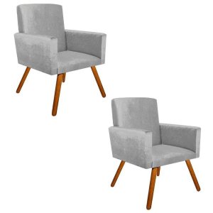 Kit 2 Poltrona Decorativa Nina Suede Cinza com Encosto Alto - D'Rossi