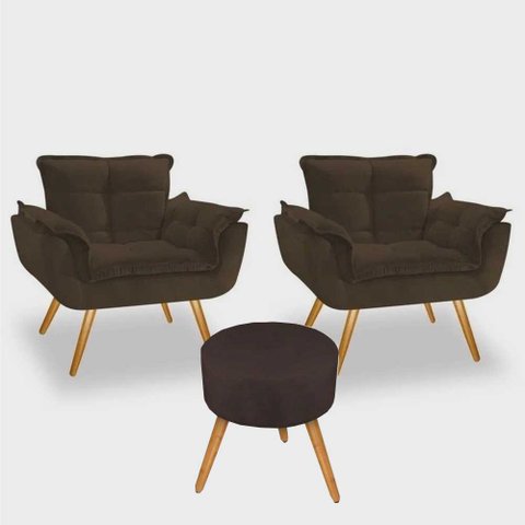 Conjunto 2 Poltronas Decorativas Opala e 1 Puff Redondo Pés Palito Suede Marrom Moraes Decor