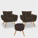 Ver imagem 1 de Conjunto 2 Poltronas Decorativas Opala e 1 Puff Redondo Pés Palito Suede Marrom Moraes Decor