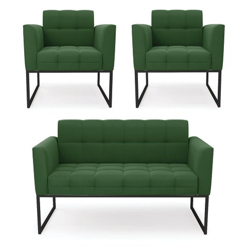 Kit 1 Sofá Namoradeira e 2 Poltronas Elisa Suede Base Metálica Industrial Preto - D'Rossi Verde