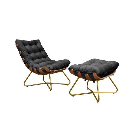 Kit Poltrona Com Puff Pés Cruzados Dourado Suede Preto