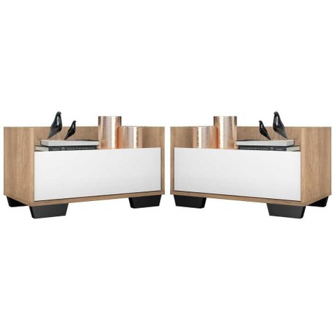 Kit C/ 2 Mesas De Cabeceira 80 Cm Rustic/branco/preto