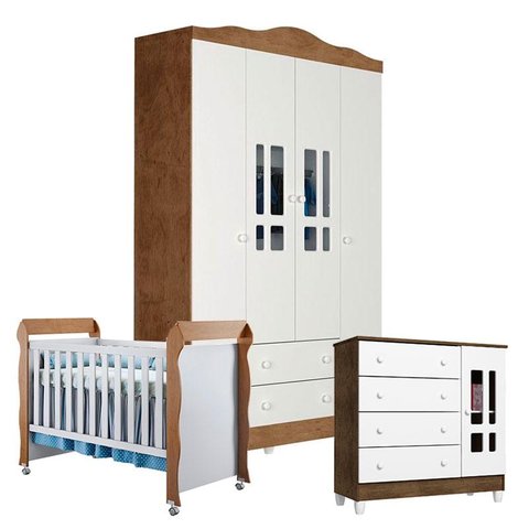 Quarto de Bebê Ariel 4 Portas com Berço Mirelle Branco Acetinado Amadeirado – Carolina