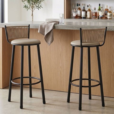 Kit 2 Banquetas Altas Estofadas Industrial em Aço Suede Bete Bege Rami/Pérola