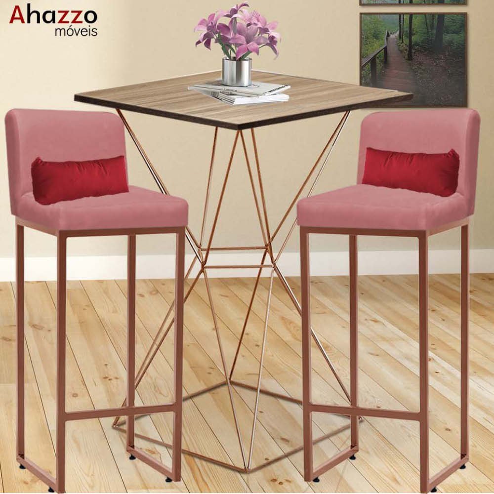 Kit Mesa Bistrô Lucca e 2 Banqueta Lucca Tampo Carvalho Ferro Bronze Suede Rose Gold e Almofada Verm - 2