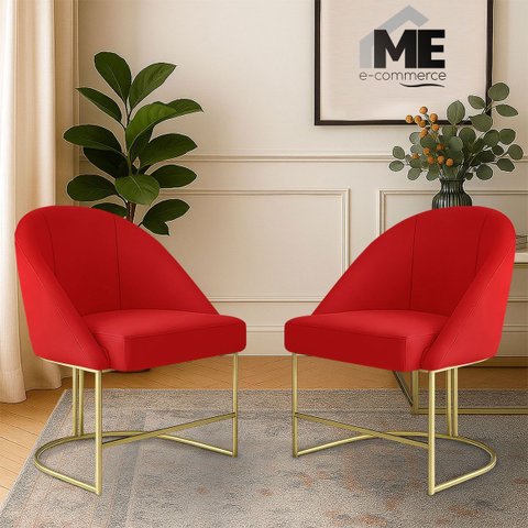 Kit 2 Banqueta Poltrona Lua Penteadeira e Salão com Base Metálica:vermelho