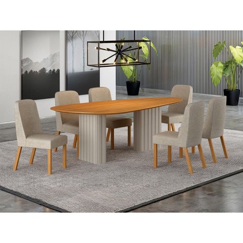 Conjunto Jantar 6 Cadeiras Maciça 1,80x90 Iza - Arbo Design Off White Linho Bege