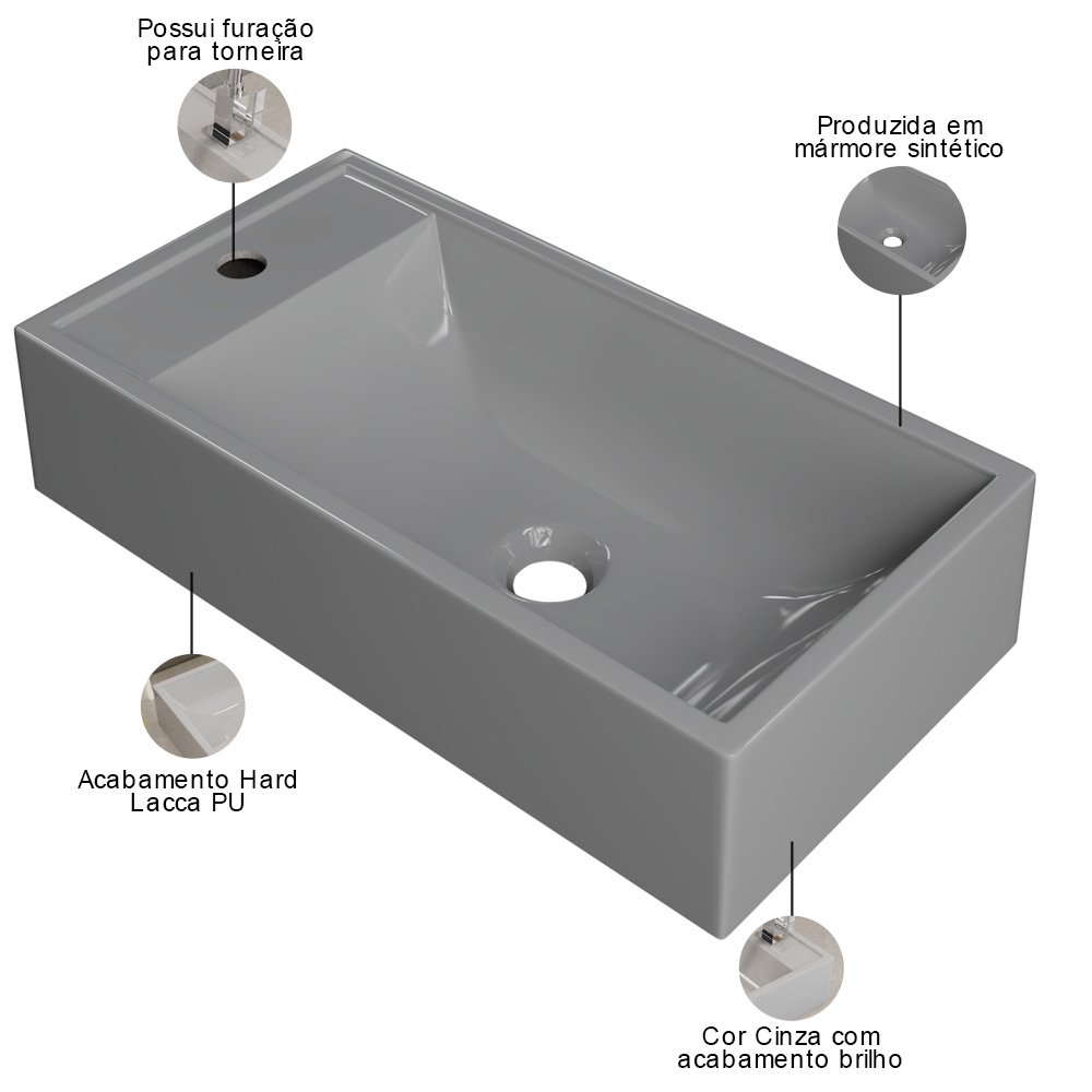 Cuba de Apoio Retangular para Banheiro Lavabo Roma C01 Rl545w Cinza - Lyam - 4