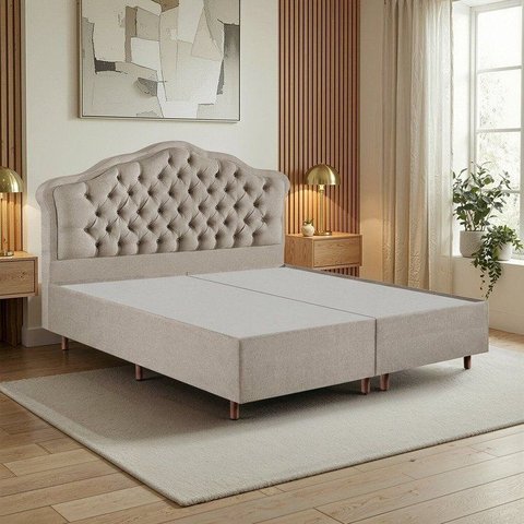 Kit Cama Box King + Cabeceira Estofada em Madeira Maciça Curva Provençal com Capitonê Bege/Linho