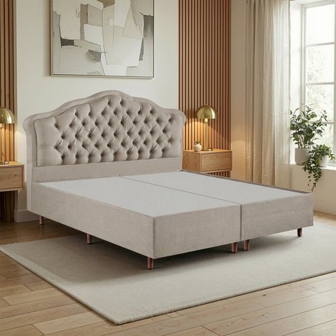 Kit Cama Box King + Cabeceira Estofada em Madeira Maciça Curva Provençal com Capitonê Bege/Linho