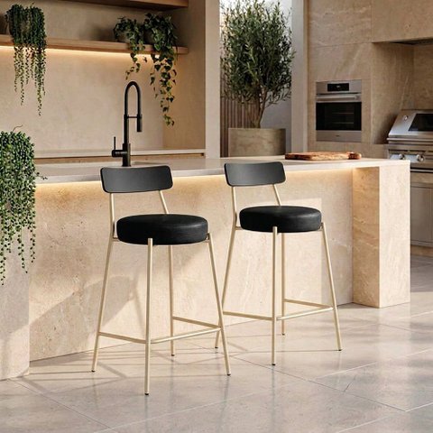 Banqueta Cozinha Média Encosto Preto KIT2 Industrial Champanhe Londrina PU D03 - D'Rossi