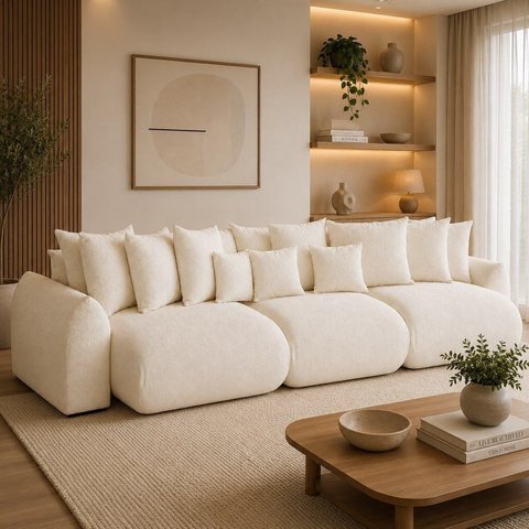 Sofá Retrátil 6 Lugares Bouclê Armani 2,90 Mts Marfim