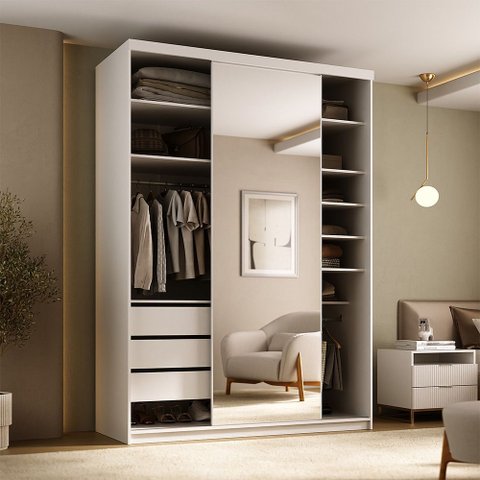 Closet Solteiro 1 Porta de Correr com Espelho 3 Gavetas 139cm Mdf Sonni R02 Branco - Lyam Decor
