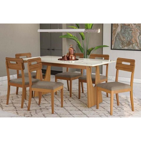Conjunto Sala de Jantar Mila Premium Madeira Maciça C/ Tampo Madeirado C/ Vidro 180x90cm e 6