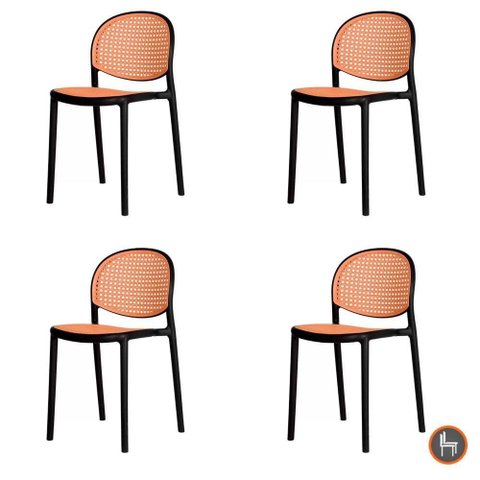 Kit 4 Cadeiras Empilhável Positano Fratini Polipropileno Cor Preta e Assento Simulando Palha Rattan