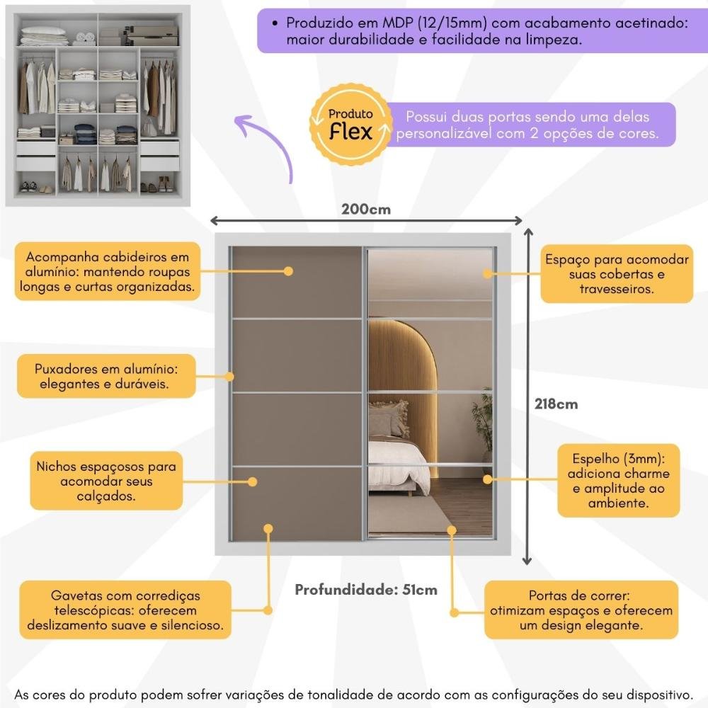Guarda-roupas Casal com Espelho 2 Portas de Correr 4 Gavetas Alasca Multimóveis Mp4266 - 3
