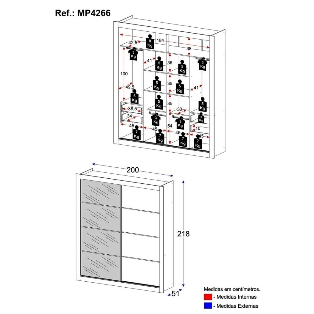 Guarda-roupas Casal com Espelho 2 Portas de Correr 4 Gavetas Alasca Multimóveis Mp4266 - 4