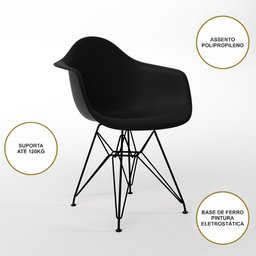 Mesa Jantar Redonda 90cm Amêndoa Clips 3 Pés com 4 Poltronas Eiffel Eames Daw Pretas Ferro Preto - 4