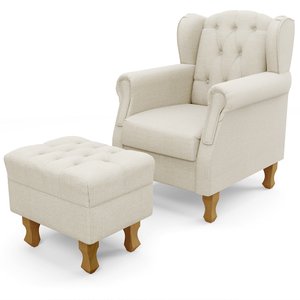 Poltrona de Amamentação Yara P02 Com Puff Paris Luis Xv L02 Linho Champagne - Lyam Decor