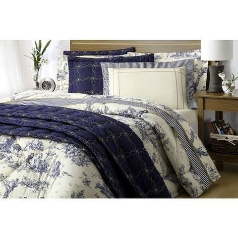 Kit Edredom Casal Queen Porcelana 3 Pçs Tecido Misto Azul Estampado