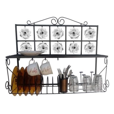 Suporte de Copos Talheres e Pratos Decorado com Flores para Área Gourmet - Branco